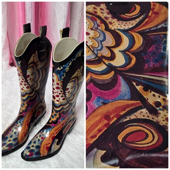 Nature Breeze Designer Floral Art Print Rain Mid Calf Cowgirl Boots Size 6-7 - Picture 1 of 12